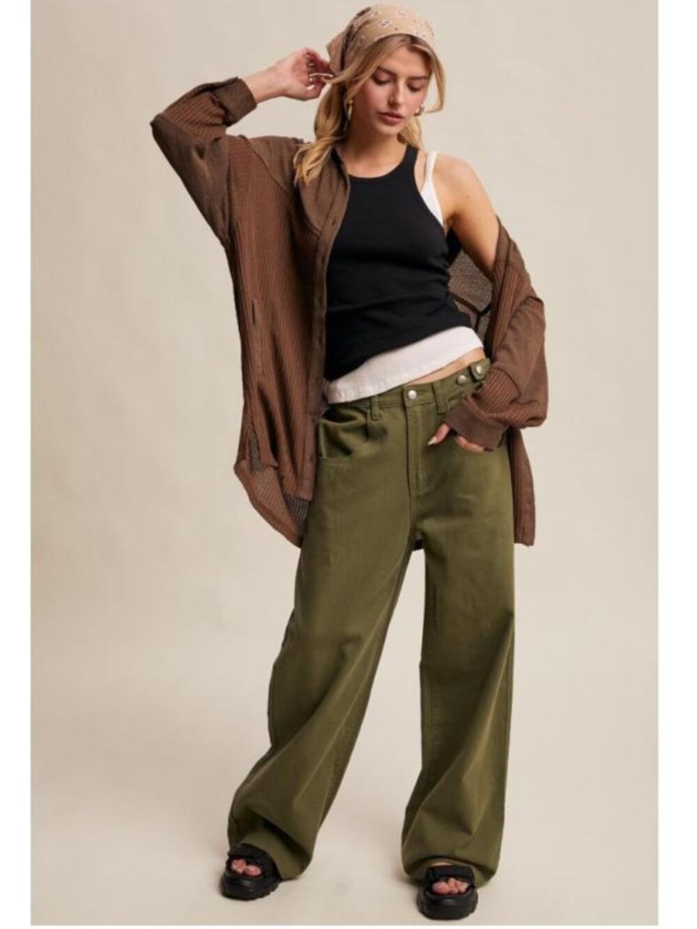 LISTICLE Wide Leg Puddle Hem Denim Pants Olive Green NWT - Picture 5 of 5